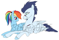 Size: 1024x688 | Tagged: dead source, safe, derpibooru import, rainbow dash, soarin', pegasus, pony, female, male, prone, shipping, soarindash, straight, watermark