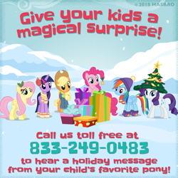 Size: 1080x1080 | Tagged: safe, derpibooru import, applejack, fluttershy, pinkie pie, rainbow dash, rarity, twilight sparkle, twilight sparkle (alicorn), alicorn, earth pony, pegasus, pony, unicorn, best gift ever, advertisement, best gift ever phone line, clothes, gift wrapped, hat, mane six, official, phone number, present, scarf, snow, socks, text