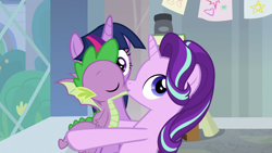 Size: 1280x720 | Tagged: safe, artist:georgegarza01, edit, screencap, spike, starlight glimmer, twilight sparkle, twilight sparkle (alicorn), alicorn, dragon, pony, unicorn, a horse shoe-in, female, flying, interspecies, kiss edit, kissing, male, shipping, sparlight, straight, vector, watching, winged spike