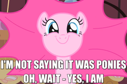 Size: 900x600 | Tagged: safe, screencap, pinkie pie, alien, earth pony, pony, party of one, alternate hairstyle, caption, giorgio a. tsoukalos, happy, image macro, looking at you, meme, smiling, solo