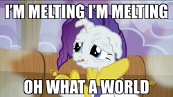 Size: 1920x1080 | Tagged: safe, edit, edited screencap, screencap, rarity, pony, unicorn, applejack's "day" off, caption, i'm melting, image macro, melting, meme, prunity, pruny, the wizard of oz, wicked witch of the west