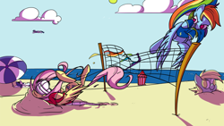 Size: 1280x720 | Tagged: safe, artist:late, edit, derpy hooves, fluttershy, rainbow dash, rarity, twilight sparkle, pegasus, pony, unicorn, abuse, beach, beach volleyball, clothes, flutterbuse, jersey, ocean, oof, ouch, sports, this will end in death, this will end in tears, this will end in tears and/or death, throwing things at fluttershy, volleyball