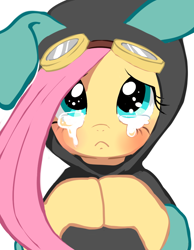 Size: 700x900 | Tagged: safe, artist:senlyo, fluttershy, pegasus, pony, :c, blushing, bunny ears, clothes, costume, crying, cute, dangerous mission outfit, female, frown, goggles, hoodie, looking at you, mare, sad, sadorable, simple background, solo, white background