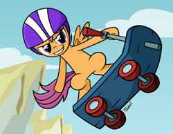 Size: 4500x3500 | Tagged: safe, artist:shinodage, derpibooru import, scootaloo, helmet, scooter, solo, stunt