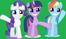 Size: 4188x2499 | Tagged: safe, artist:marker, derpibooru import, edit, rainbow dash, rarity, twilight sparkle, pegasus, pony, unicorn, absurd resolution, faic, grin, vector, waving