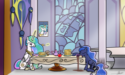 Size: 1024x618 | Tagged: safe, artist:oinktweetstudios, princess celestia, princess luna, alicorn, pony, apple, food, muffin, pancakes, sleeping, table