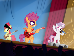 Size: 4320x3240 | Tagged: safe, artist:shinodage, derpibooru import, apple bloom, scootaloo, sweetie belle, the show stoppers, band, bandana, bass guitar, concert, cutie mark crusaders, electric guitar, face paint, guitar, microphone, musical instrument, singing