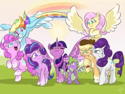 Size: 1032x774 | Tagged: safe, artist:cozmicpandawolf, applejack, fluttershy, pinkie pie, rainbow dash, rarity, spike, starlight glimmer, twilight sparkle, twilight sparkle (alicorn), alicorn, dragon, earth pony, pegasus, pony, unicorn, colored hooves, colored wings, colored wingtips, cowboy hat, end of ponies, female, flying, grin, hat, hooves to the chest, looking at each other, male, mane eight, mane seven, mane six, mare, outdoors, rainbow trail, smiling, spread wings, winged spike, wings