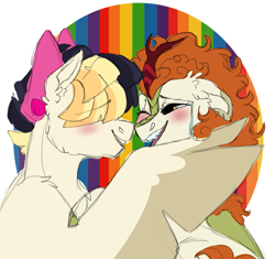 Size: 923x866 | Tagged: safe, artist:nightyscribbles, autumn blaze, songbird serenade, kirin, pegasus, pony, my little pony: the movie, sounds of silence, awwtumn blaze, blushing, crack shipping, crying, cute, female, lesbian, mare, rainbow background, shipping, simple background, smiling, songbetes, songblaze, tears of joy, transparent background