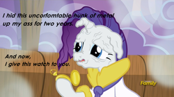 Size: 1920x1077 | Tagged: safe, screencap, rarity, pony, unicorn, applejack's "day" off, christopher walken, discovery family logo, meme, nightmare fuel, not salmon, prunity, pruny, pulp fiction, wat