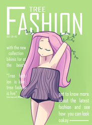 Size: 730x1000 | Tagged: safe, artist:looji, fluttershy, human, armpits, fluttertree, humanized, pun, solo, tree costume