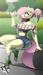 Size: 2000x3500 | Tagged: safe, artist:alexdiamondskye, fluttershy, anthro, belt, big breasts, breasts, choker, clothes, confident, confidentially cute, converse, daisy dukes, ear piercing, hootershy, iphone, korean, park background, piercing, ponytail, shoes, shorts, smiling, sneakers, sunny, wide hips