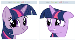 Size: 931x490 | Tagged: safe, derpibooru import, twilight sparkle, derpibooru, exploitable meme, juxtaposition, juxtaposition win, meme, meta, twiface