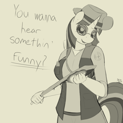 Size: 1000x1000 | Tagged: safe, artist:devs-iratvs, derpibooru import, twilight sparkle, anthro, blood, breasts, christian brutal sniper, dialogue, female, glasses, grayscale, monochrome, sniper, solo, team fortress 2, weapon