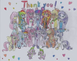 Size: 2474x1962 | Tagged: safe, artist:nephilim rider, applejack, fluttershy, pinkie pie, rainbow dash, rarity, sci-twi, spike, spike the regular dog, starlight glimmer, sunset shimmer, twilight sparkle, twilight sparkle (alicorn), alicorn, dog, dragon, better together, equestria girls, end of ponies, happy birthday mlp:fim, mane six, mlp fim's ninth anniversary, my little pony, thank you, traditional art, winged spike