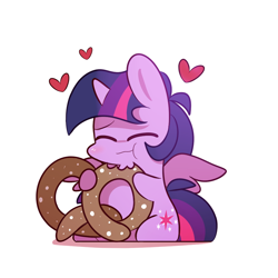 Size: 1000x1000 | Tagged: safe, artist:php56, derpibooru import, twilight sparkle, twilight sparkle (alicorn), alicorn, pony, biting, chibi, cute, eyes closed, female, heart, mare, pretzel, pretzel coordination, simple background, solo, twiabetes, twipretzel, white background