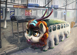 Size: 1500x1075 | Tagged: safe, artist:nemo2d, autumn blaze, kirin, sounds of silence, :p, anime, bus, catbus, city, cloven hooves, crossover, my neighbor totoro, not salmon, silly, smiling, solo, split hooves, studio ghibli, tongue out, trolleybus, wat