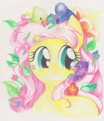 Size: 4137x4825 | Tagged: safe, artist:doqwor, fluttershy, bird, pegasus, pony, absurd resolution, solo, traditional art