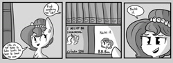 Size: 1037x382 | Tagged: safe, artist:tjpones, edit, princess celestia, oc, oc:brownie bun, alicorn, pony, book, brownie's book, monochrome, nailed it, tautology