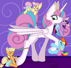 Size: 4588x4382 | Tagged: safe, artist:cuddlelamb, derpibooru import, applejack, fluttershy, princess flurry heart, rainbow dash, twilight sparkle, earth pony, pegasus, pony, absurd resolution, age progression, age regression, age swap, clinging, diaper, lasso, mouth hold, role reversal, rope, scruff