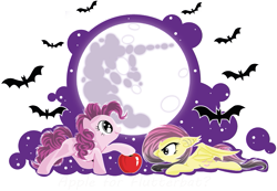 Size: 749x519 | Tagged: safe, artist:chii---chan, fluttershy, pinkie pie, bat, earth pony, pony, apple, flutterbat, mare in the moon, moon, question, simple background, transparent background