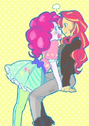 Size: 1302x1835 | Tagged: safe, artist:ku_rimo, pinkie pie, sunset shimmer, equestria girls, blushing, clothes, female, lesbian, pantyhose, shipping, skirt, sunsetpie