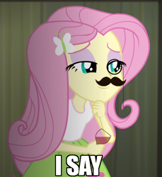 Size: 550x600 | Tagged: safe, edit, screencap, fluttershy, equestria girls, rainbow rocks, i say, image macro, meme, monocle, moustache, smiling, text, wine, wine glass