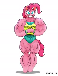 Size: 1697x2211 | Tagged: safe, artist:furrymusclegrowthfan, pinkie pie, anthro, unguligrade anthro, arm hooves, flexing, grin, huge, looking at you, musclebeast, muscles, my muscle pony, overdeveloped muscles, pinkie pump, simple background, smiling, solo, white background, workout outfit