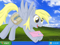 Size: 640x480 | Tagged: safe, artist:im not sue, derpy hooves, pegasus, pony, bliss wallpaper, letter, love letter, mailbag, saddle bag, smiling, solo, windows, windows xp