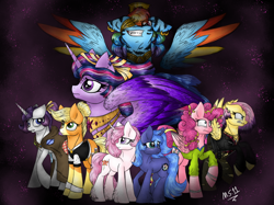 Size: 2048x1535 | Tagged: safe, artist:melonseed11, derpibooru import, applejack, fluttershy, pinkie pie, princess celestia, princess luna, rainbow dash, rarity, twilight sparkle, twilight sparkle (alicorn), alicorn, earth pony, pegasus, pony, unicorn, cewestia, colored wings, female, filly, mane six, multicolored wings, traditional art, woona, younger