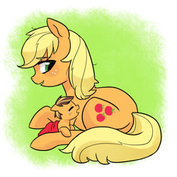 Size: 1500x1500 | Tagged: safe, artist:kianamai, applejack, oc, oc:golden delicious, earth pony, pony, birth, blanket, colt, crying, eyes closed, female, floppy ears, foal, freckles, hatless, kilalaverse, loose hair, male, messy mane, missing accessory, mother and child, mother and son, newborn, next generation, offspring, open mouth, parent and child, parent:applejack, parent:caramel, parents:carajack, prone, smiling