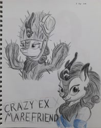 Size: 2448x3107 | Tagged: safe, artist:rockhoppr3, autumn blaze, kirin, sounds of silence, cactus, clothes, costume, crazy ex-girlfriend, dress, duality, female, monochrome, neo noir, partial color, rachel bloom, solo, traditional art, voice actor joke