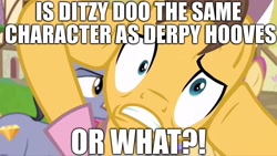 Size: 1920x1080 | Tagged: safe, edit, edited screencap, screencap, derpy hooves, ditzy doo, fame and misfortune, caption, dramamel, image macro, text