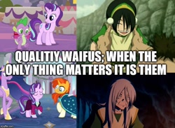 Size: 682x500 | Tagged: safe, edit, edited screencap, screencap, spike, starlight glimmer, sunburst, twilight sparkle, twilight sparkle (alicorn), alicorn, dragon, pony, unicorn, the last problem, caption, image macro, older, text, toph bei fong, winged spike