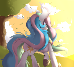 Size: 1600x1440 | Tagged: safe, artist:sourspot, princess celestia, alicorn, pony, cloud, female, mare, praise the sun, solo, tree, walk