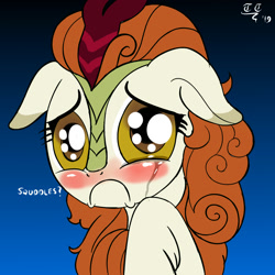 Size: 2000x2000 | Tagged: safe, artist:tomtornados, autumn blaze, kirin, sounds of silence, :c, awwtumn blaze, bronybait, crying, cute, female, floppy ears, frown, gradient background, hug request, poor thing, puppy dog eyes, sad, sadorable, solo