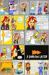 Size: 3237x4920 | Tagged: safe, artist:toonalexsora007, sunset shimmer, equestria girls, chimney, chips, christmas, comic, crossover, crying, dialogue, donut, doritos, fiery shimmer, fire, food, holiday, homer simpson, peridot (steven universe), self paradox, snow, spray, steven universe, the simpsons