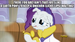 Size: 1920x1080 | Tagged: safe, edit, edited screencap, screencap, rarity, pony, unicorn, applejack's "day" off, caption, discovery family logo, faic, frown, hoof hold, image macro, meme, nose wrinkle, open mouth, pocket watch, pony racism, pressure, prunity, pruny, solo, spongebob squarepants, wet mane, wrinkles