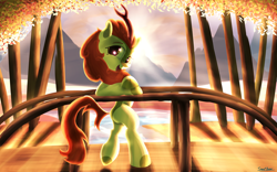 Size: 4000x2500 | Tagged: safe, artist:sweetbrew, autumn blaze, pony, absurd resolution, backlighting, bipedal, bridge, crepuscular rays, forest, leaning, looking at you, looking sideways, open mouth, outdoors, smiling, solo, sun