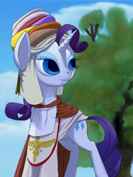 Size: 1800x2400 | Tagged: safe, artist:aaronmk, rarity, pony, unicorn, clothes, colored pupils, faravahar, female, hat, mare, persia, religion, solo, tree, zoroastrianism