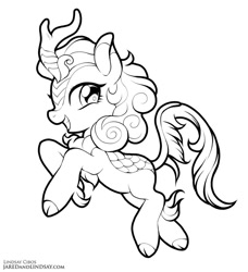 Size: 728x800 | Tagged: safe, artist:lindsay cibos, autumn blaze, kirin, awwtumn blaze, black and white, cloven hooves, cute, female, grayscale, leonine tail, looking back, mare, monochrome, simple background, smiling, solo, white background