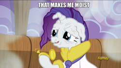 Size: 1000x563 | Tagged: safe, edit, edited screencap, screencap, rarity, pony, unicorn, applejack's "day" off, caption, discovery family logo, image macro, meme, moist, prunity