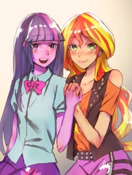 Size: 1153x1534 | Tagged: safe, artist:idolize_341, sunset shimmer, twilight sparkle, equestria girls, blushing, bow, bowtie, clothes, female, gradient background, holding hands, lesbian, looking at you, open mouth, shipping, signature, skirt, smiling, sunsetsparkle