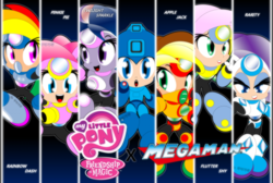 Size: 1600x1073 | Tagged: safe, artist:imdudrjsmi, derpibooru import, applejack, fluttershy, pinkie pie, rainbow dash, rarity, twilight sparkle, equestria girls, crossover, humanized, mane six, megaman, megamare