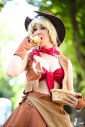 Size: 1066x1600 | Tagged: safe, artist:narga-chan, applejack, human, 2014, apple, bandeau, cleavage, clothes, cosplay, cowboy vest, eating, female, food, gloves, irl, irl human, made in japan, midriff, photo, solo