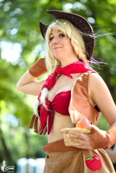 Size: 1066x1600 | Tagged: safe, artist:narga-chan, applejack, human, 2014, bandeau, basket, cleavage, clothes, convention, cosplay, cowboy vest, female, fingerless gloves, gloves, irl, irl human, made in japan, midriff, photo, solo