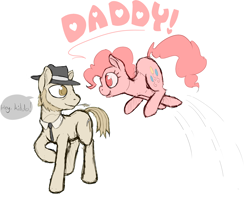 Size: 2158x1715 | Tagged: safe, artist:aenbrdraws, igneous rock pie, pinkie pie, earth pony, pony, colored pupils, cutie mark, duo, father and child, father and daughter, female, hat, heart, jumping, looking at each other, male, mare, necktie, parent and child, pronking, simple background, smiling, speech, speech bubble, stallion, straw in mouth, white background