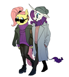 Size: 1143x1280 | Tagged: safe, artist:spectralunicorn, fluttershy, rarity, anthro, alternate hairstyle, clothes, female, flarity, jacket, lesbian, shipping, sunglasses, sweater, sweatershy