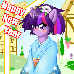 Size: 1000x1000 | Tagged: safe, artist:ragurimo, derpibooru import, twilight sparkle, alternate hairstyle, flower, kimono (clothing), new year, pixiv, solo