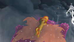 Size: 2560x1440 | Tagged: safe, artist:dreadpon, princess celestia, sunset shimmer, alicorn, pony, canterlot, constellation, crossover, digital art, god of war, leo, revenge, riding